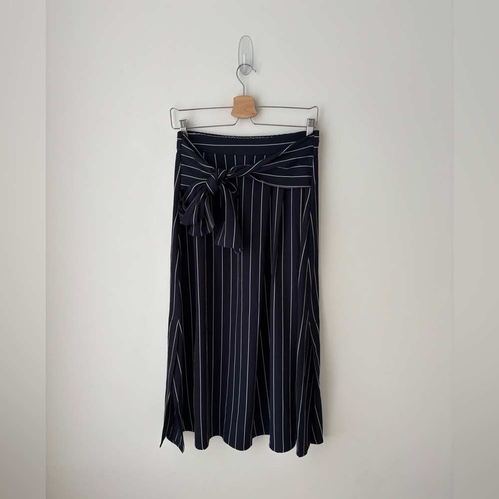Navy Striped Tie Waist Wide Leg Culotte Pants High Waist Belted Trousers Size M